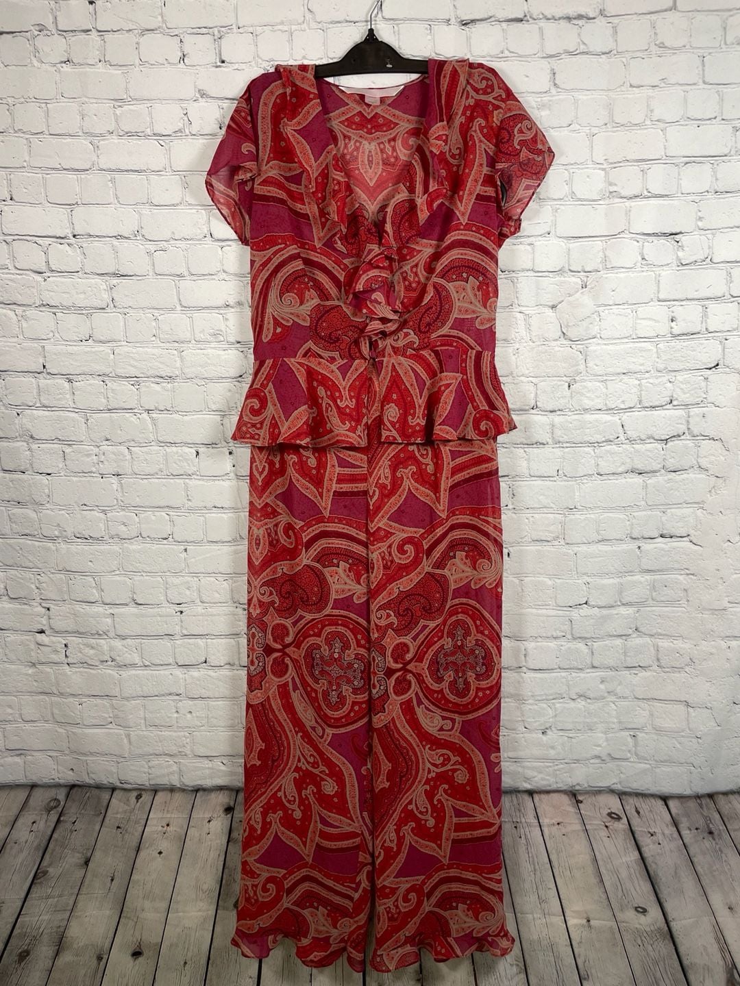 VTG Victoria's Secret Red Paisley Ruffle Peplum Beach Cover Up/Pajama Set Size M 1