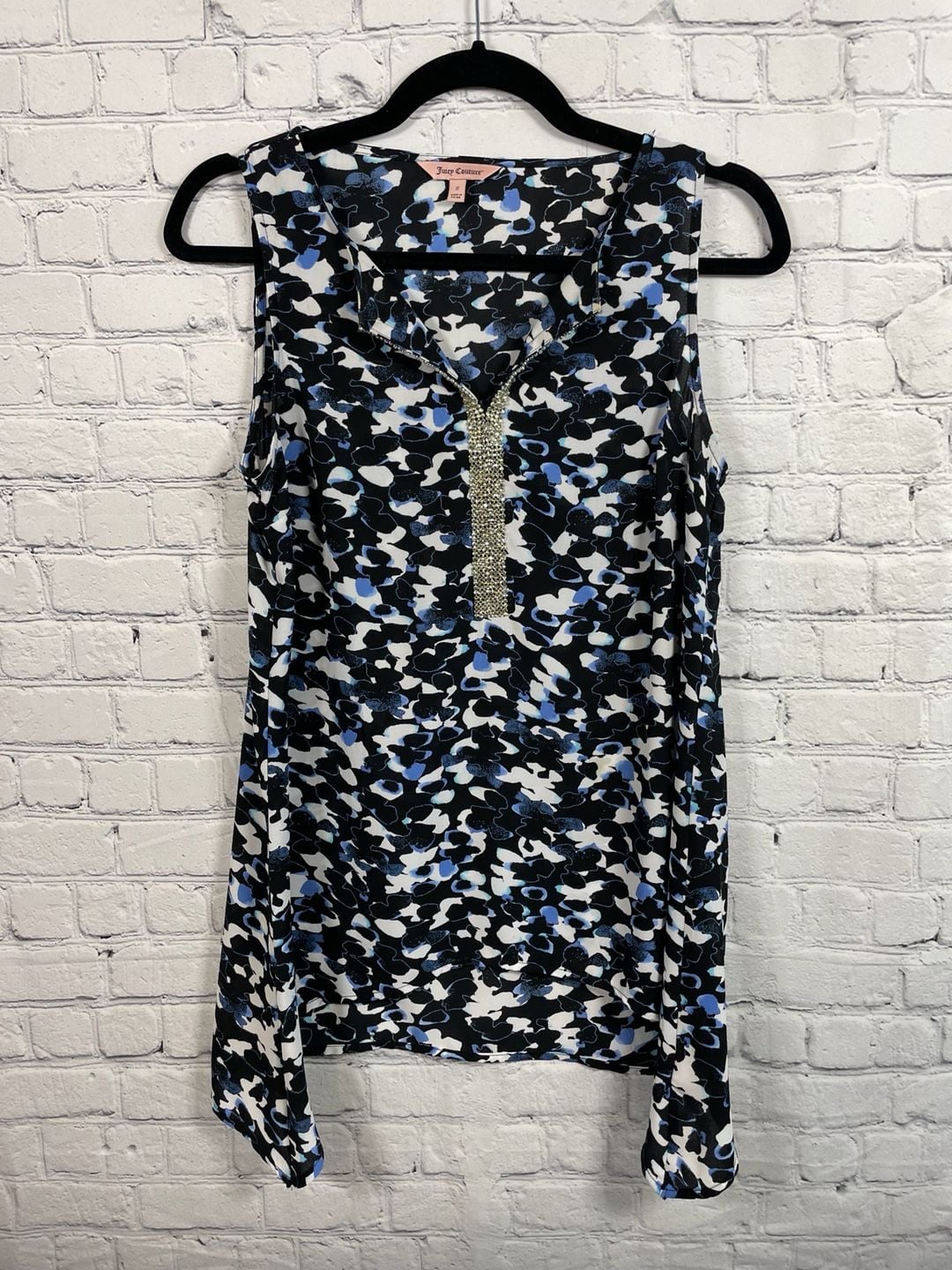 Juicy Couture Abstract Print Sleeveless Blouse Rhinestone/Asymmetric Hem Sz S 2