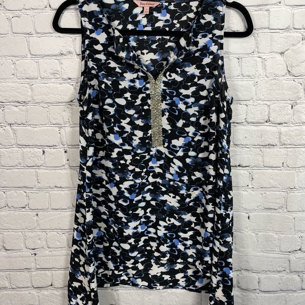 Juicy Couture Abstract Print Sleeveless Blouse Rhinestone/Asymmetric Hem Sz S