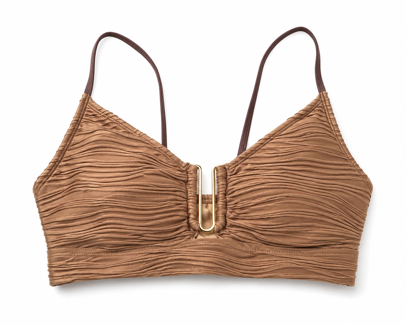 Textured Ruched Bikini Set with Gold Hardware Hardware Moca Color Size M 1