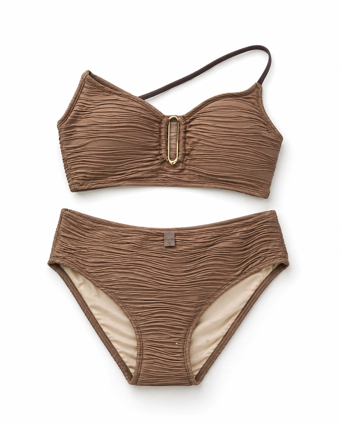 Textured Ruched Bikini Set with Gold Hardware Hardware Moca Color Size M 2