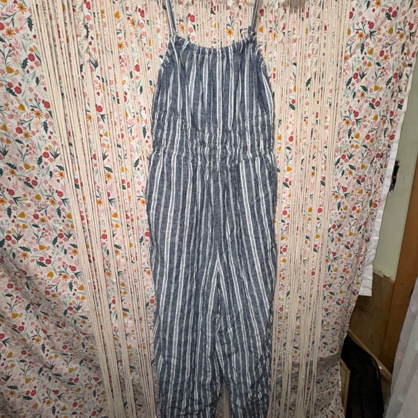Old Navy Blue and White Striped Smocked Jumpsuit Size M