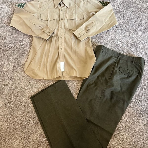 Vintage USMC Service Uniform Set Tan Long Sleeve Shirt Green Trousers