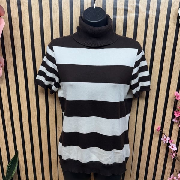 Lauren Ralph Lauren Brown & White Striped Short Sleeve Turtleneck Sweater Size M