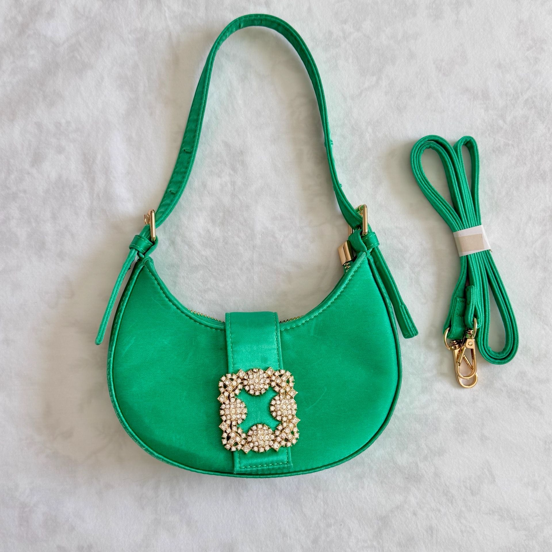 Green Satin Crescent Shoulder Bag with Crystal Buckle and Crossbody Strap 2
