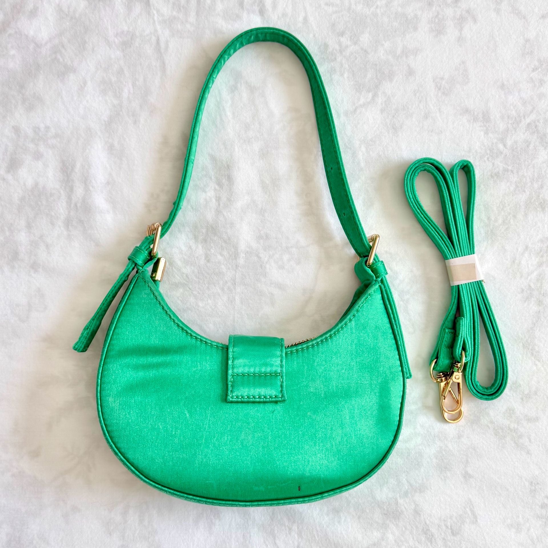 Green Satin Crescent Shoulder Bag with Crystal Buckle and Crossbody Strap 3