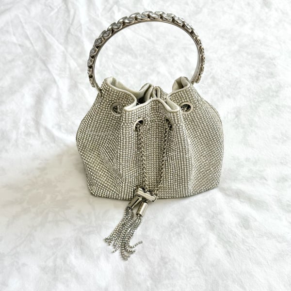 Silver Rhinestone Bucket Bag with Crystal Embellished Ring Handle