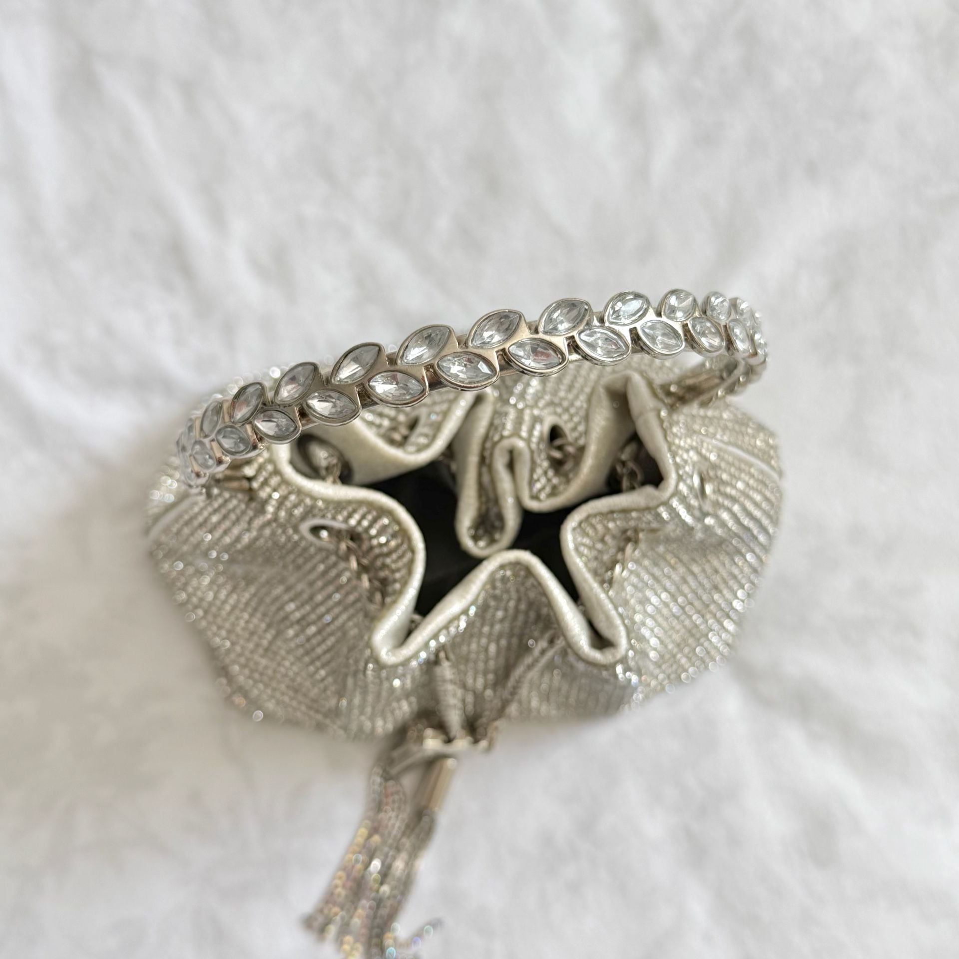 Silver Rhinestone Bucket Bag with Crystal Embellished Ring Handle 3