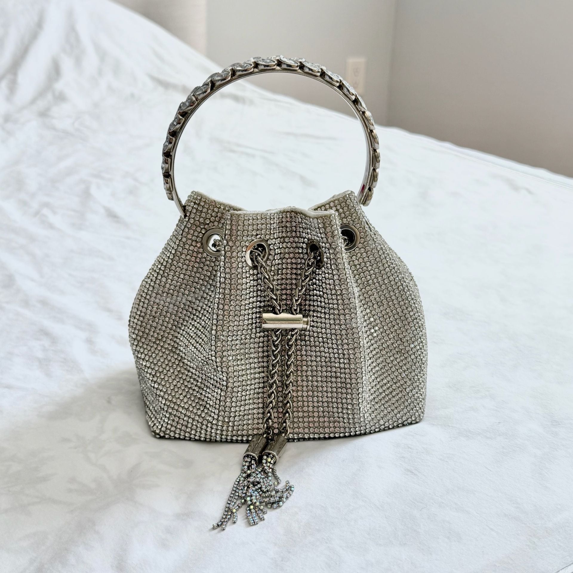 Silver Rhinestone Bucket Bag with Crystal Embellished Ring Handle 4
