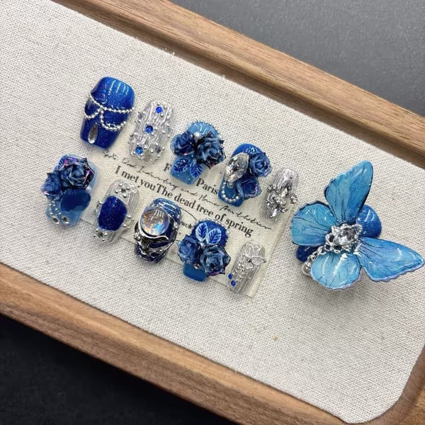 Handmade 3D Blue Rose and Butterfly Press-On Nails Set new reusable
