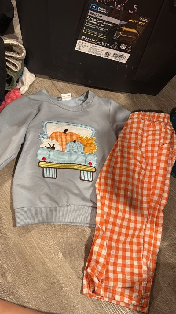 Boutique Boys Pumpkin Truck Applique Sweatshirt and Orange Gingham Pants Set 1