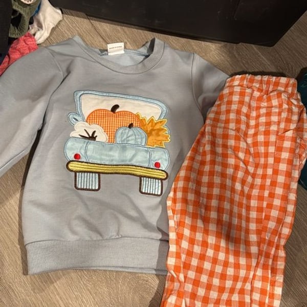 Boutique Boys Pumpkin Truck Applique Sweatshirt and Orange Gingham Pants Set