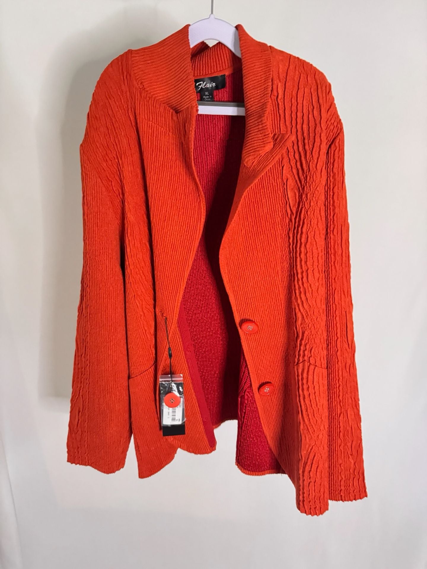 Flair Women's Orange Textured Crinkle Knit Button Front Jacket Size XL 2