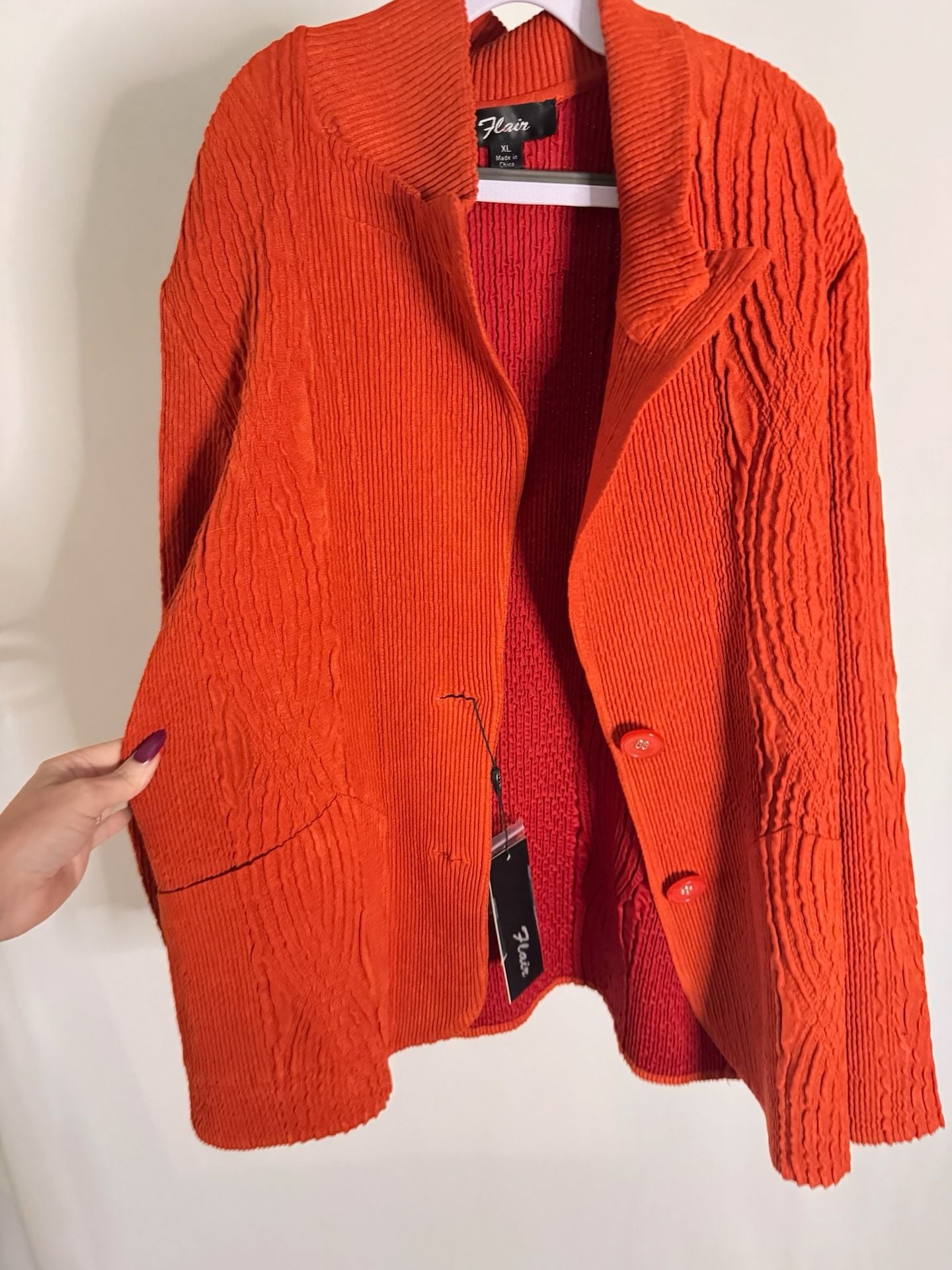 Flair Women's Orange Textured Crinkle Knit Button Front Jacket Size XL 3