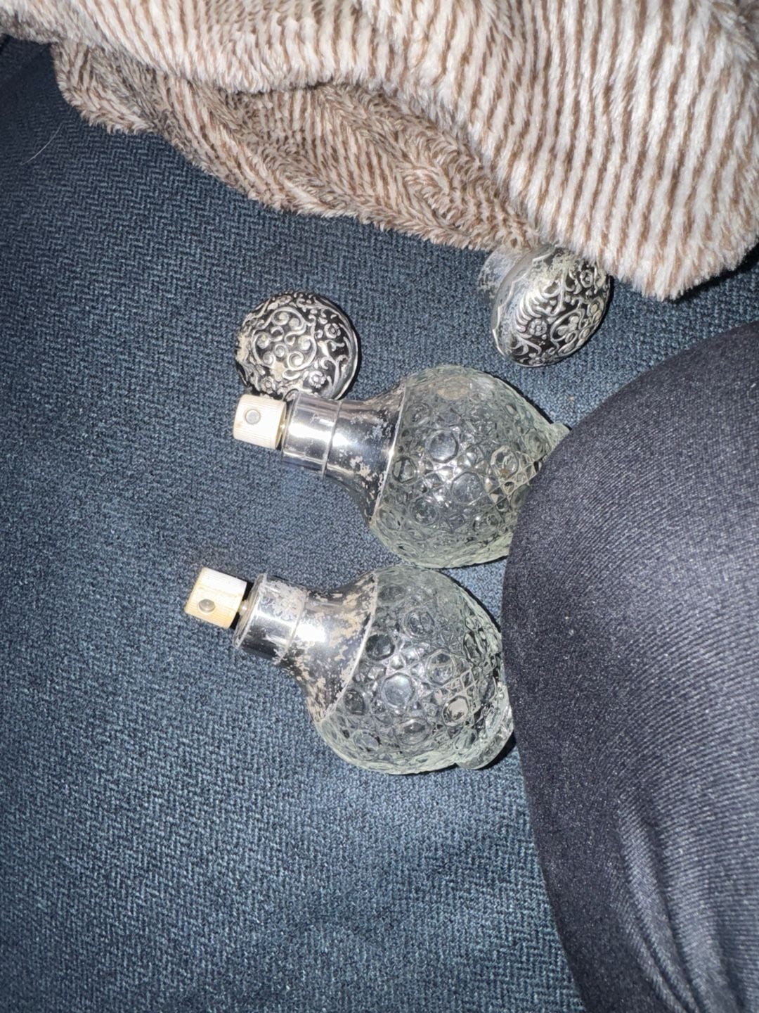 Vintage Ornate Silver-Plated & Hobnail Glass Perfume Atomizer Bottles - Set of 2 3