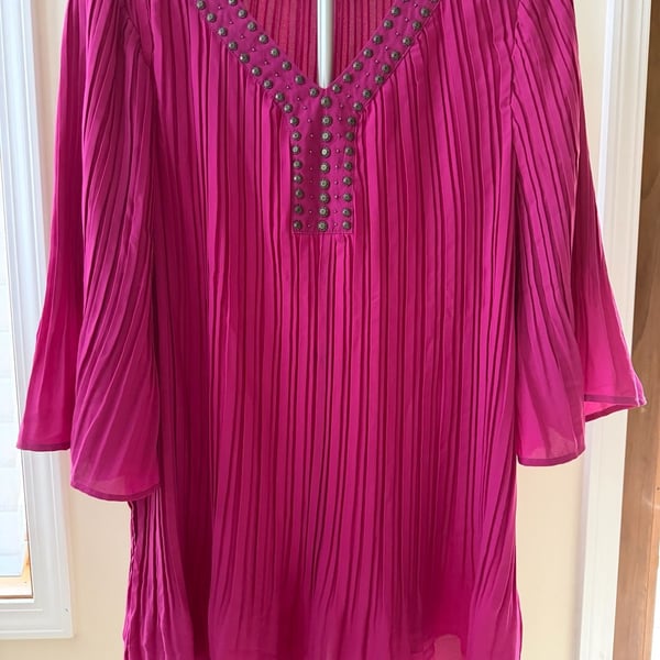 Woman Within Fuchsia Pleated Studded V-Neck Tunic Blouse Size 1X (22/24)