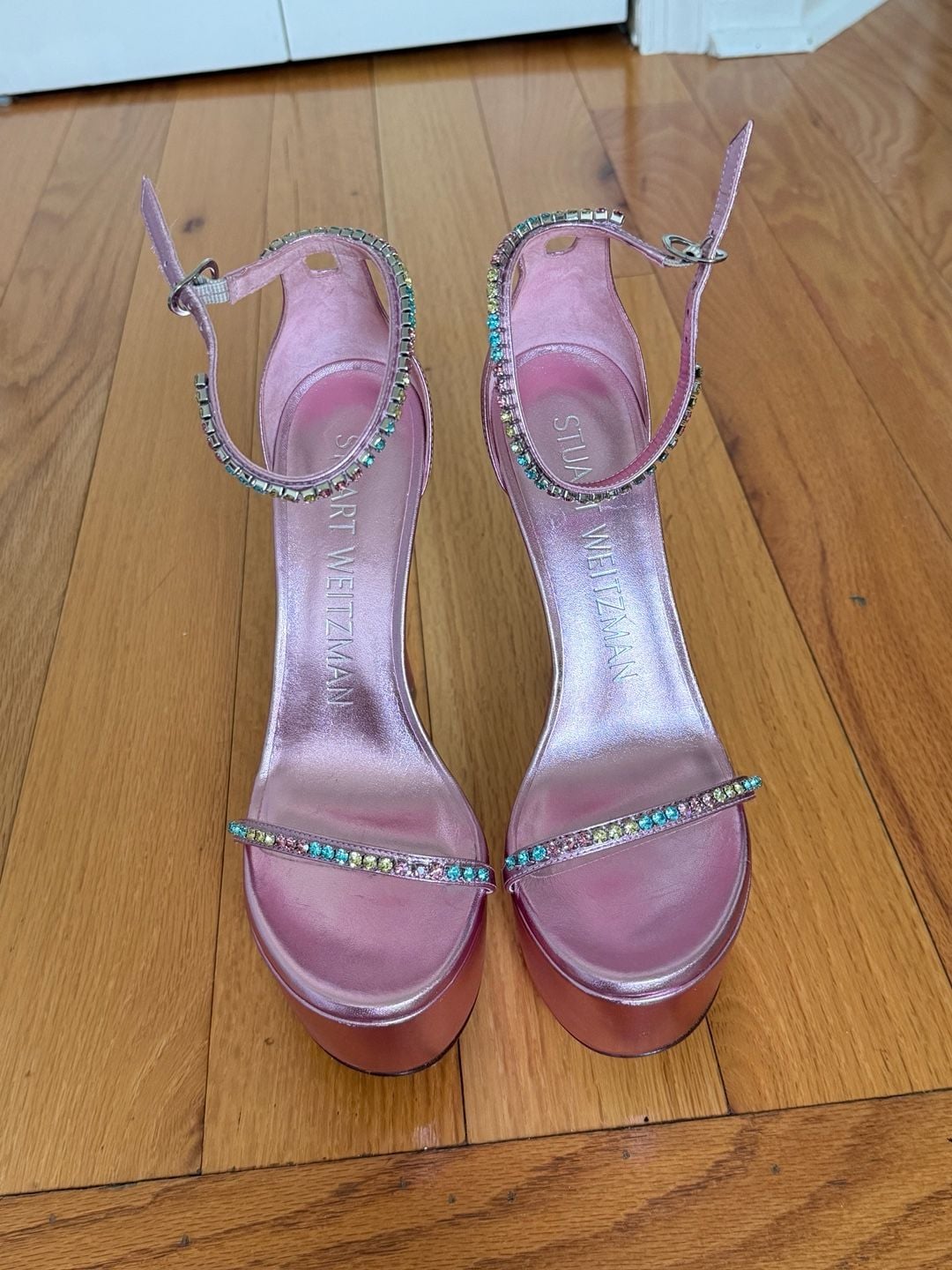 Stuart Weitzman Pink Metallic Crystal Embellished Skyhigh Sandals Size 6.5B 2