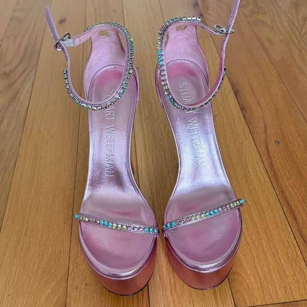 Stuart Weitzman Pink Metallic Crystal Embellished Skyhigh Sandals Size 6.5B