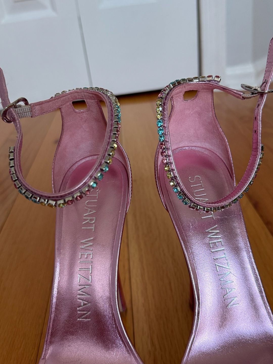 Stuart Weitzman Pink Metallic Crystal Embellished Skyhigh Sandals Size 6.5B 4