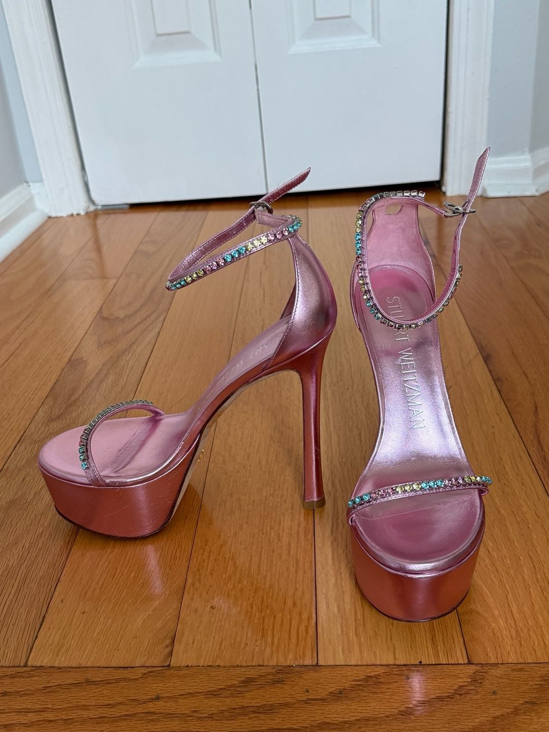 Stuart Weitzman Pink Metallic Crystal Embellished Skyhigh Sandals Size 6.5B 3