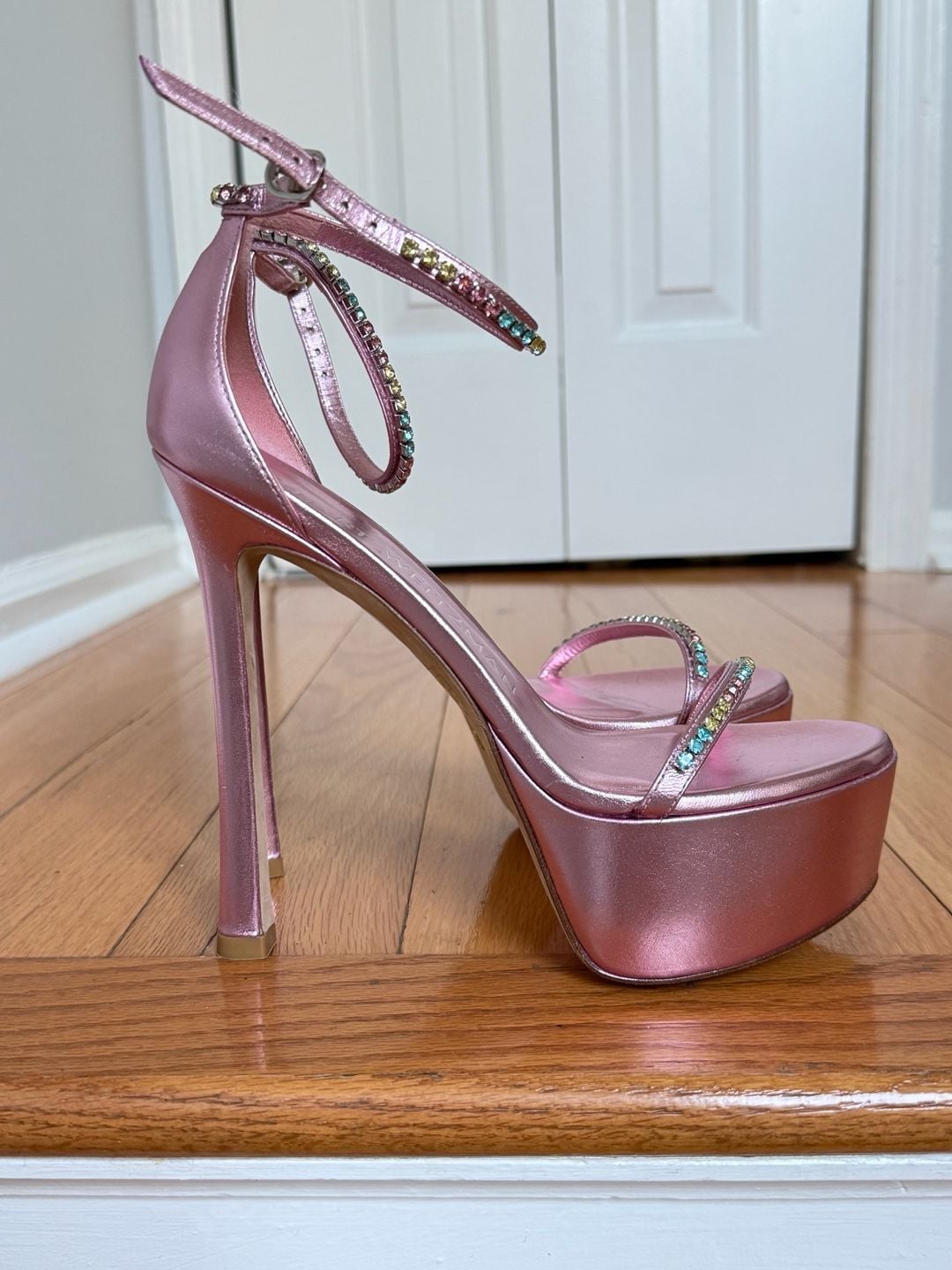 Stuart Weitzman Pink Metallic Crystal Embellished Skyhigh Sandals Size 6.5B 5