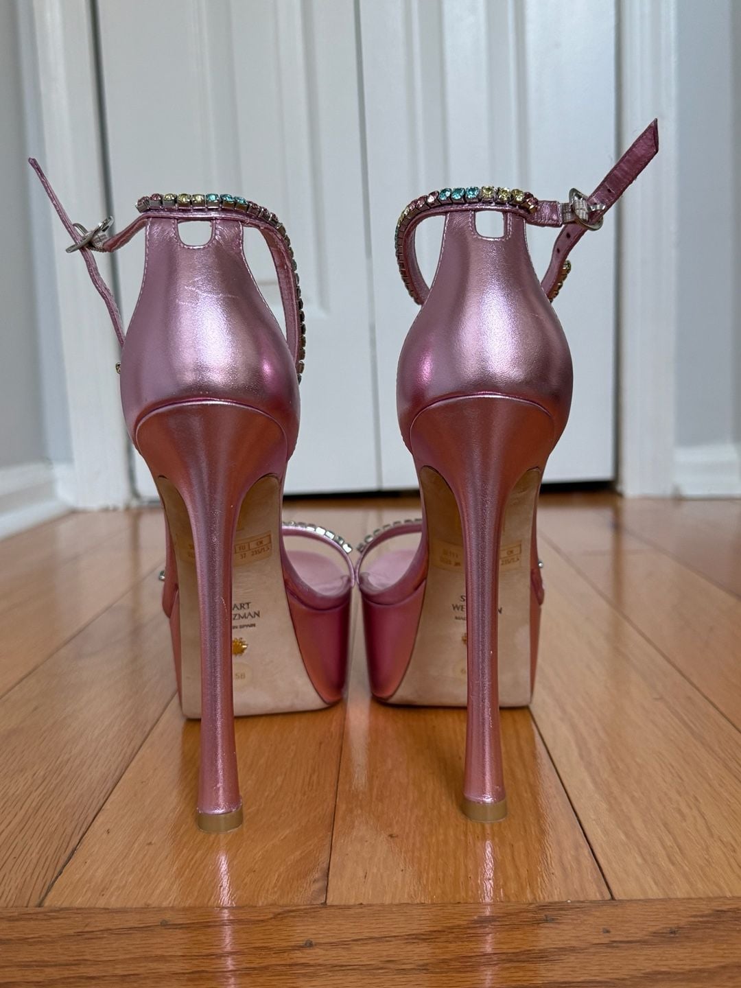 Stuart Weitzman Pink Metallic Crystal Embellished Skyhigh Sandals Size 6.5B 6