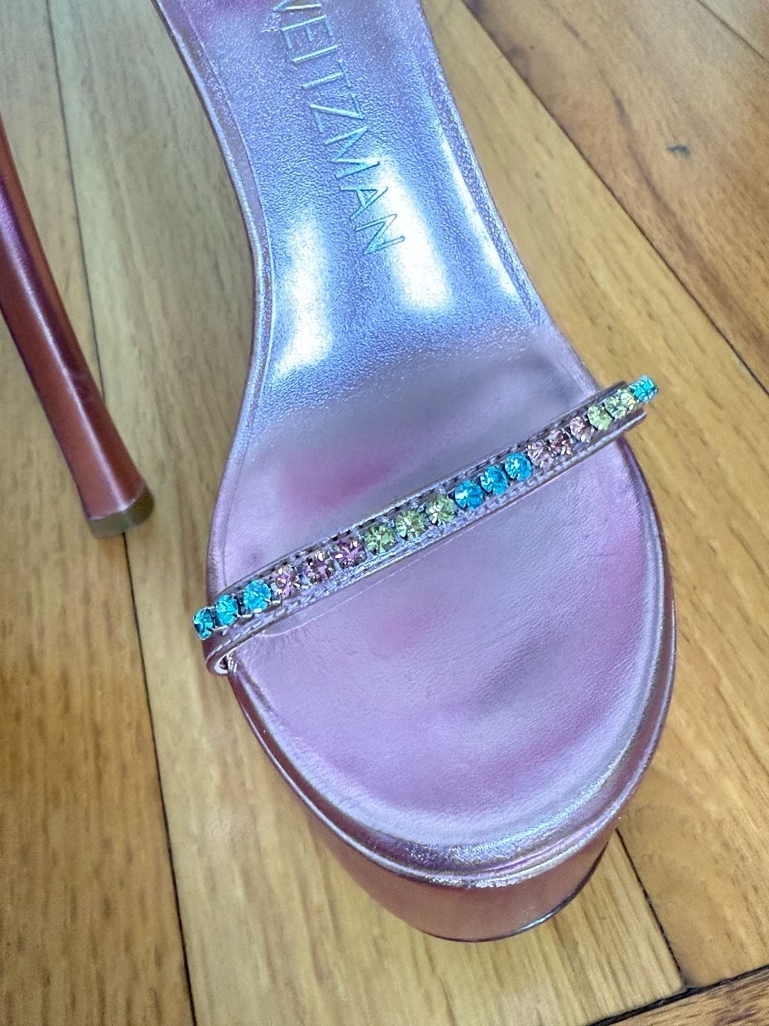 Stuart Weitzman Pink Metallic Crystal Embellished Skyhigh Sandals Size 6.5B 7