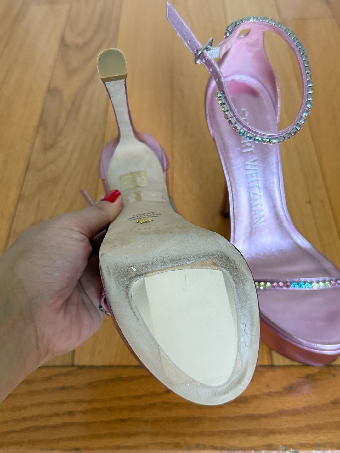 Stuart Weitzman Pink Metallic Crystal Embellished Skyhigh Sandals Size 6.5B 8