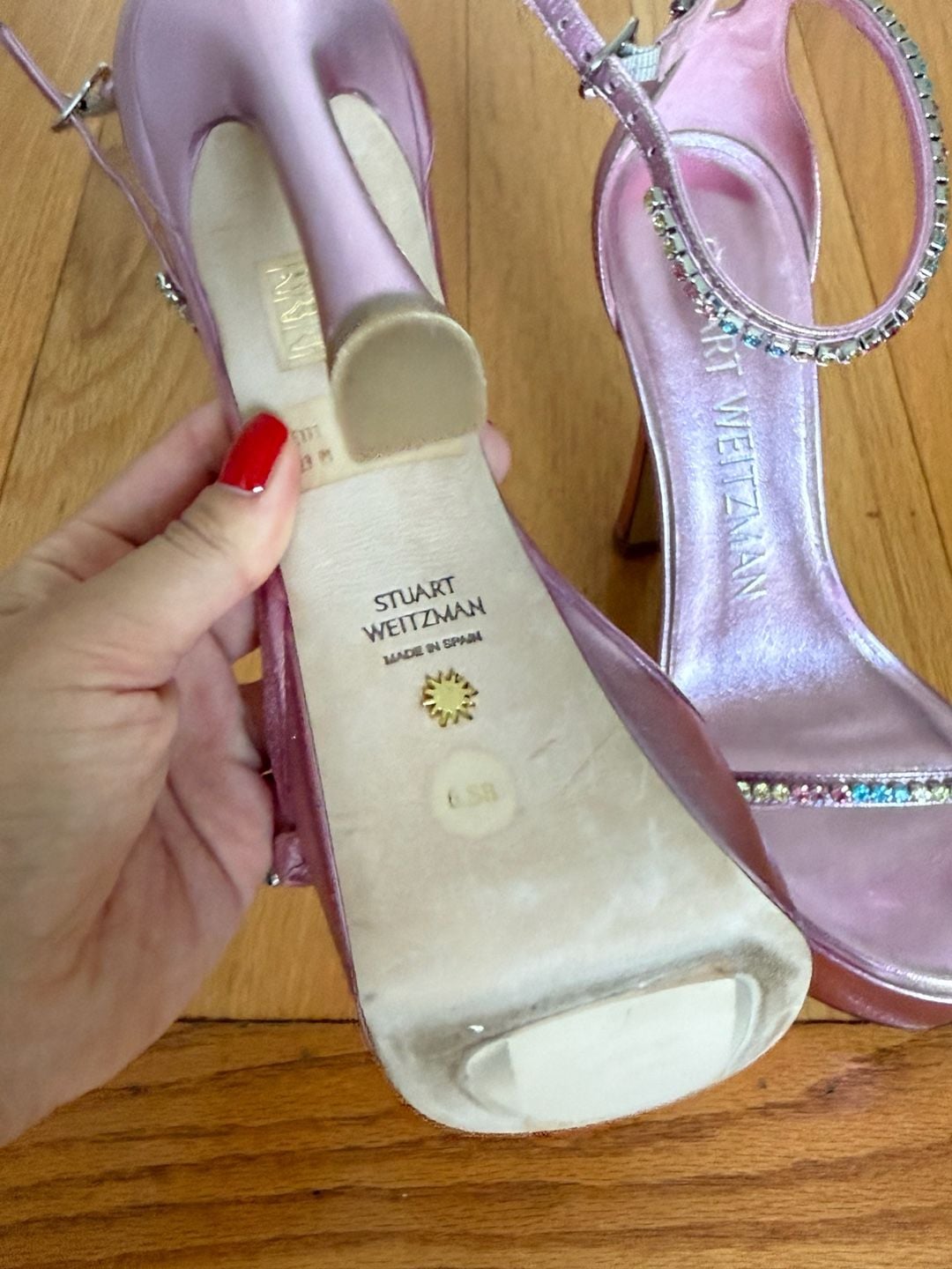 Stuart Weitzman Pink Metallic Crystal Embellished Skyhigh Sandals Size 6.5B 9