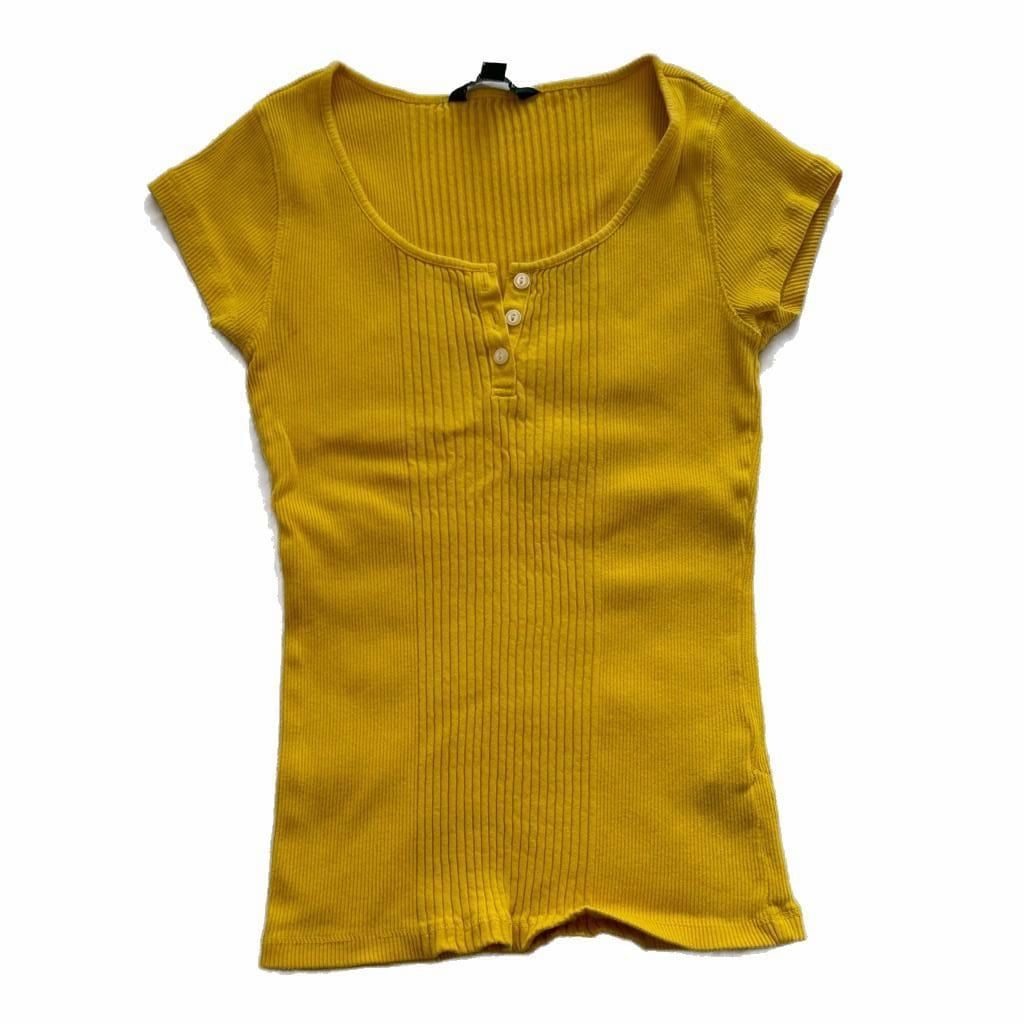 Lauren Ralph Lauren Yellow Ribbed Henley Short Sleeve Top Size PS 2