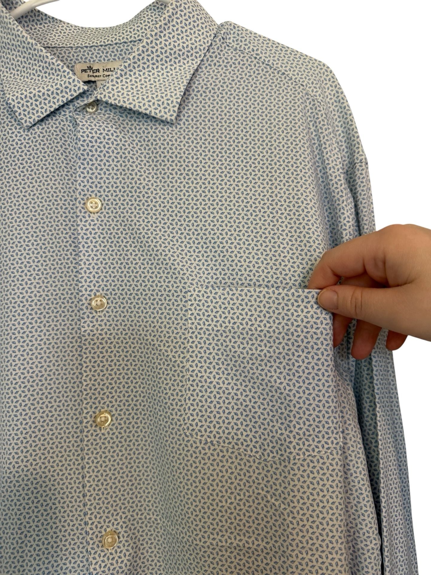 Peter Millar Summer Comfort Blue Diamond Print Performance Shirt Size XL 7