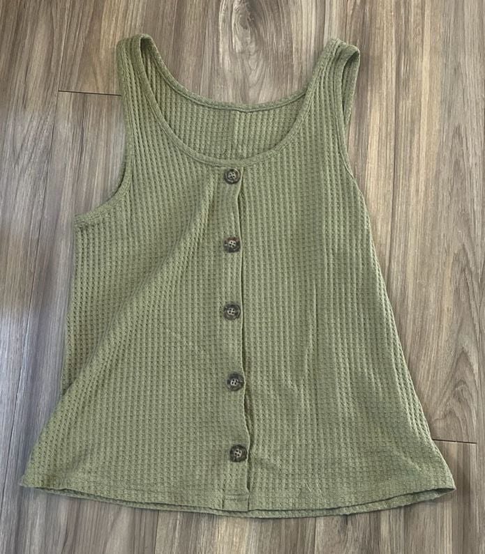 Olive Green Waffle Knit Button Front Scoop Neck Tank Top 2