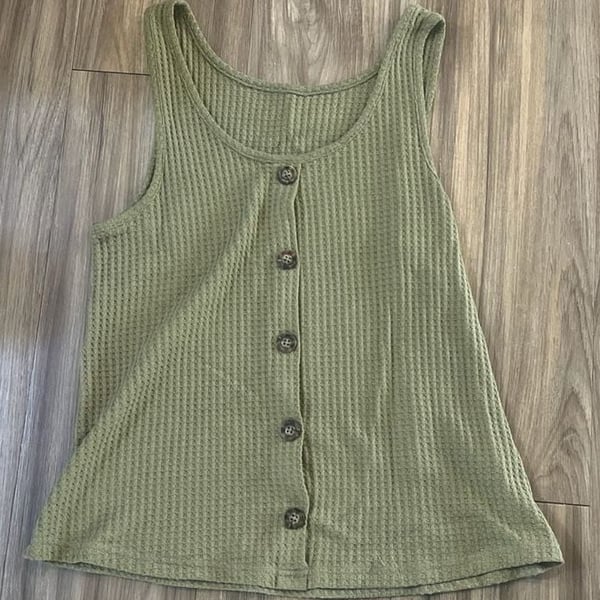 Olive Green Waffle Knit Button Front Scoop Neck Tank Top