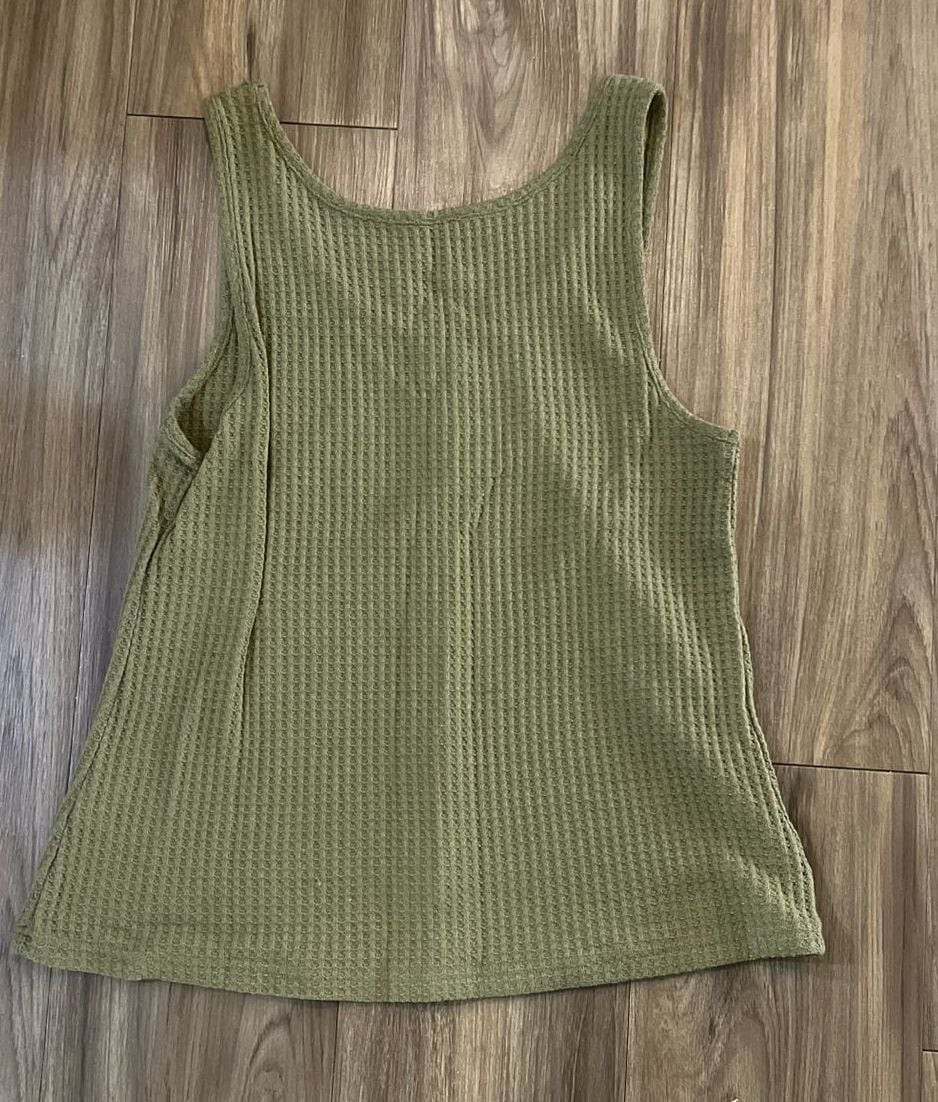 Olive Green Waffle Knit Button Front Scoop Neck Tank Top 3