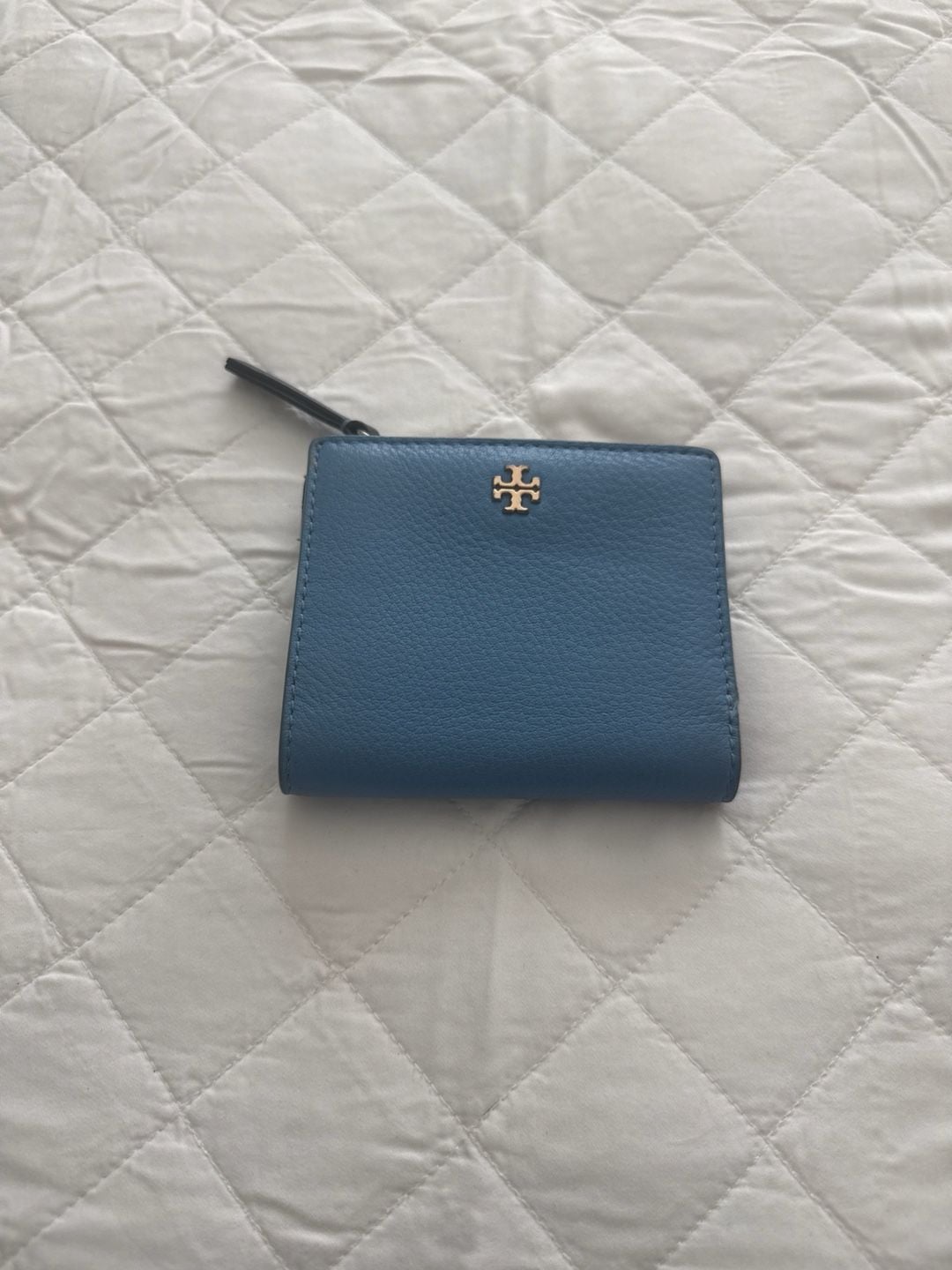 Tory Burch Emerson Mini Bifold Wallet Blue Pebbled Leather 1