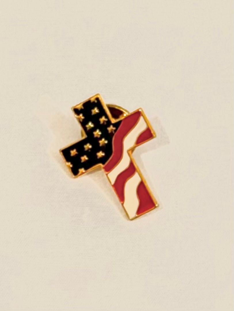 American Flag Cross Lapel Pin Gold Tone Enamel Patriotic Christian 2