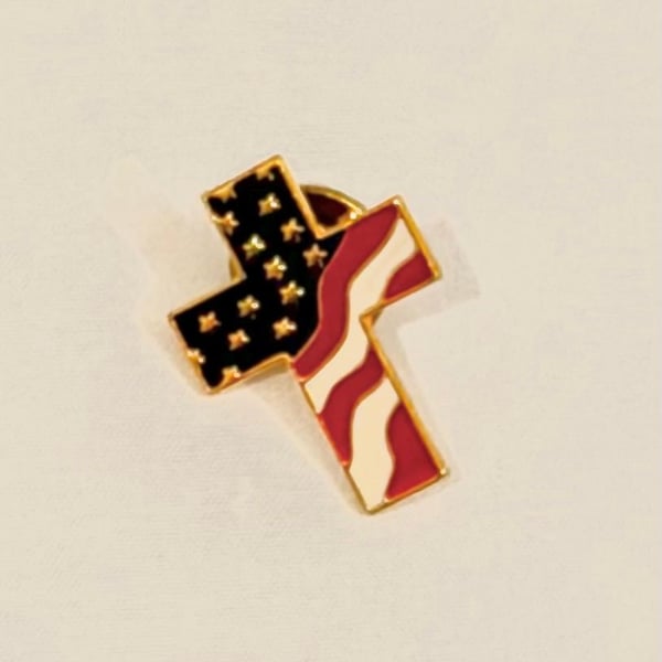 American Flag Cross Lapel Pin Gold Tone Enamel Patriotic Christian