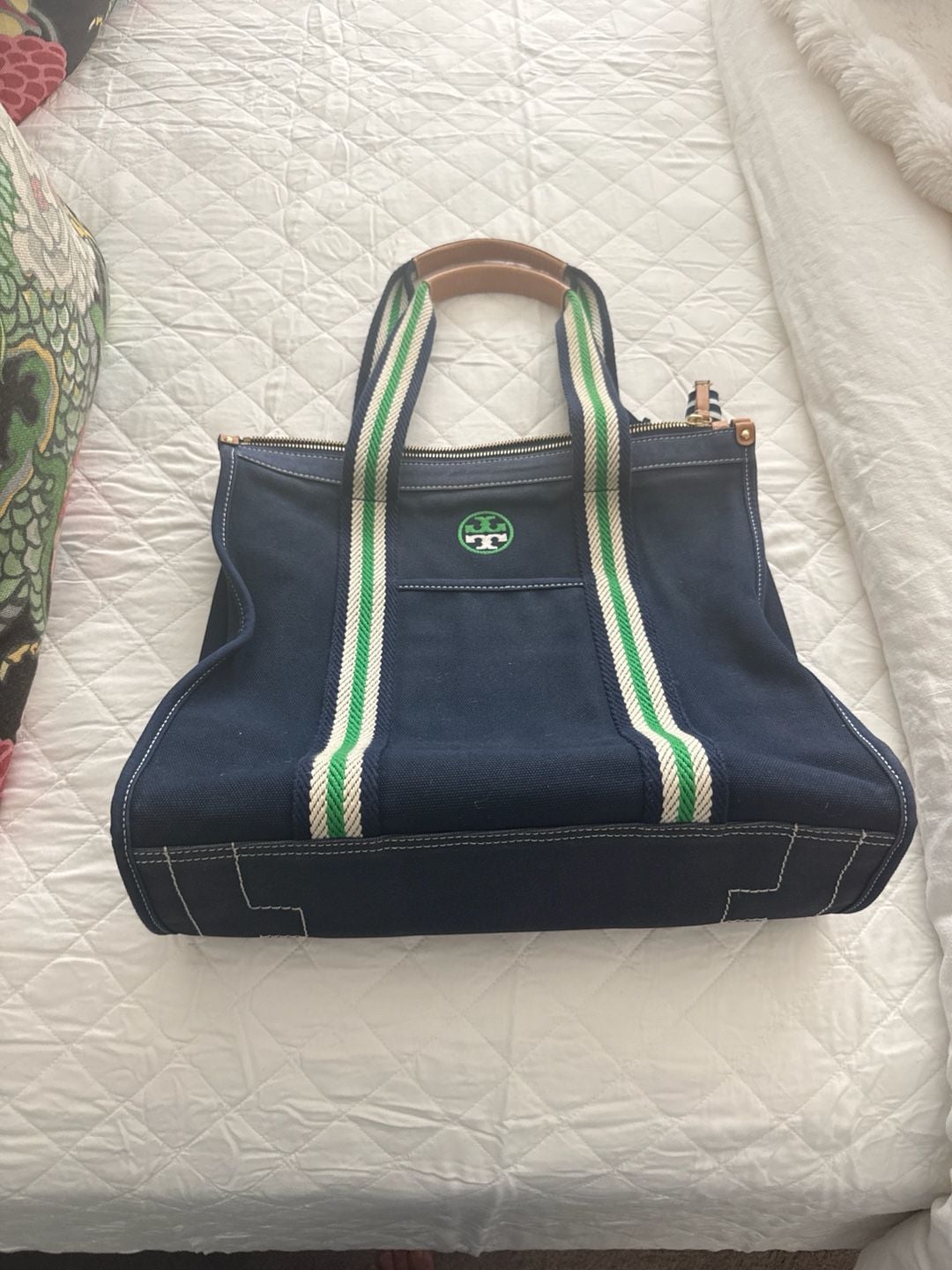 Tory Burch Grace Canvas Tote Bag Navy Green White Striped 2