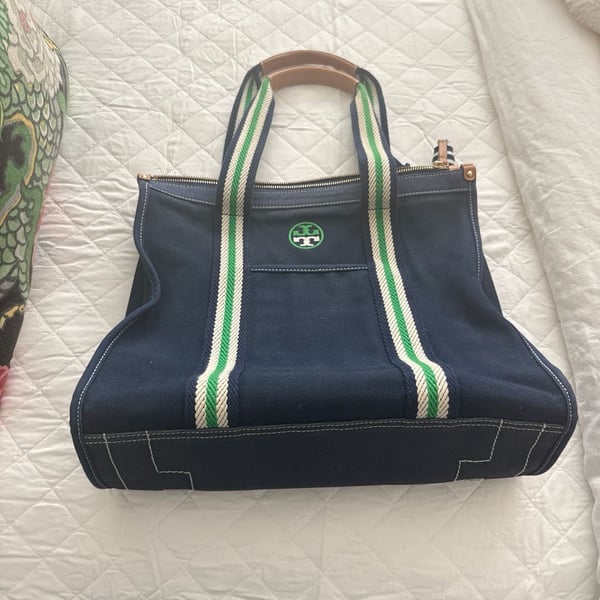 Tory Burch Grace Canvas Tote Bag Navy Green White Striped