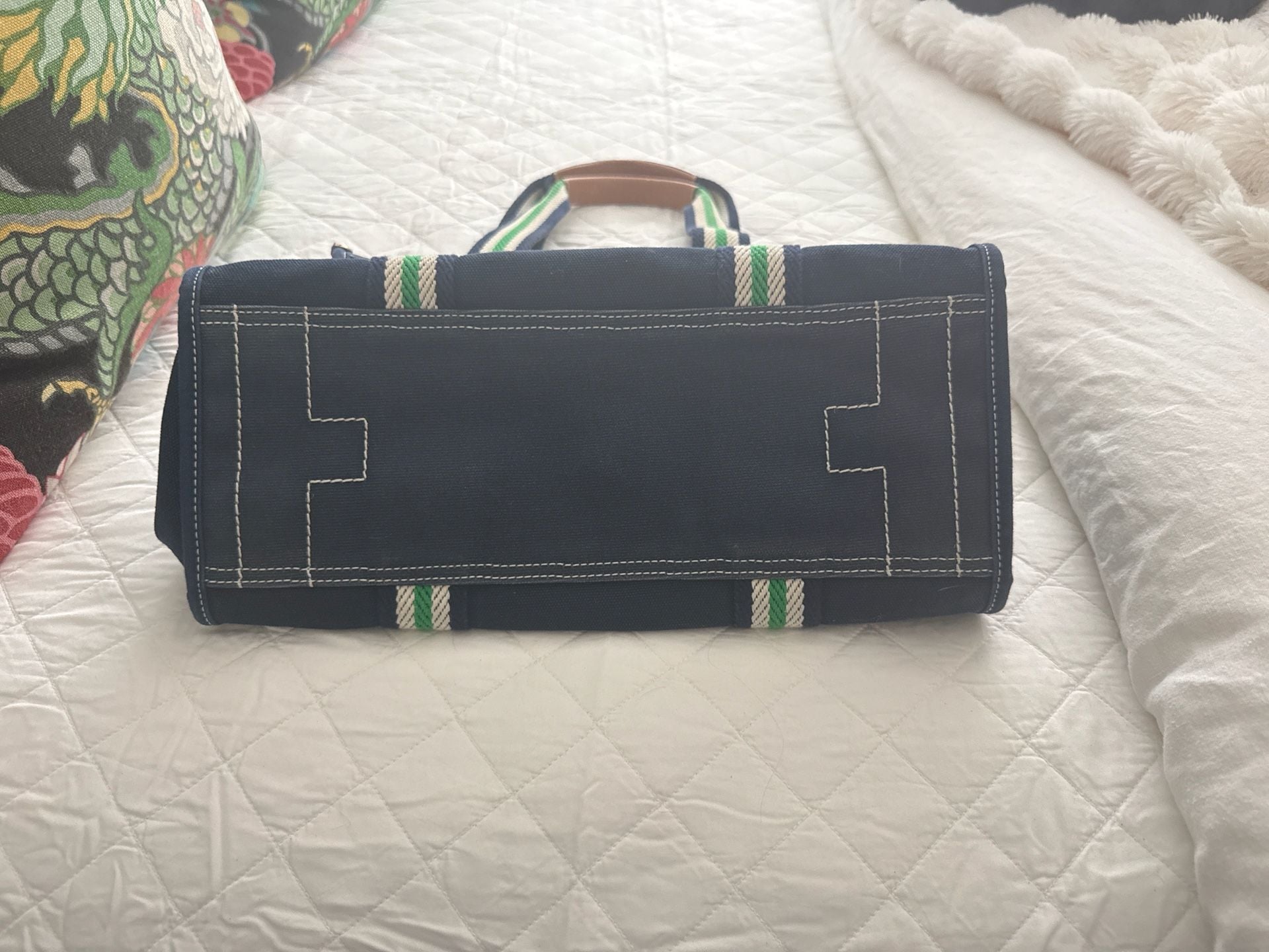 Tory Burch Grace Canvas Tote Bag Navy Green White Striped 3
