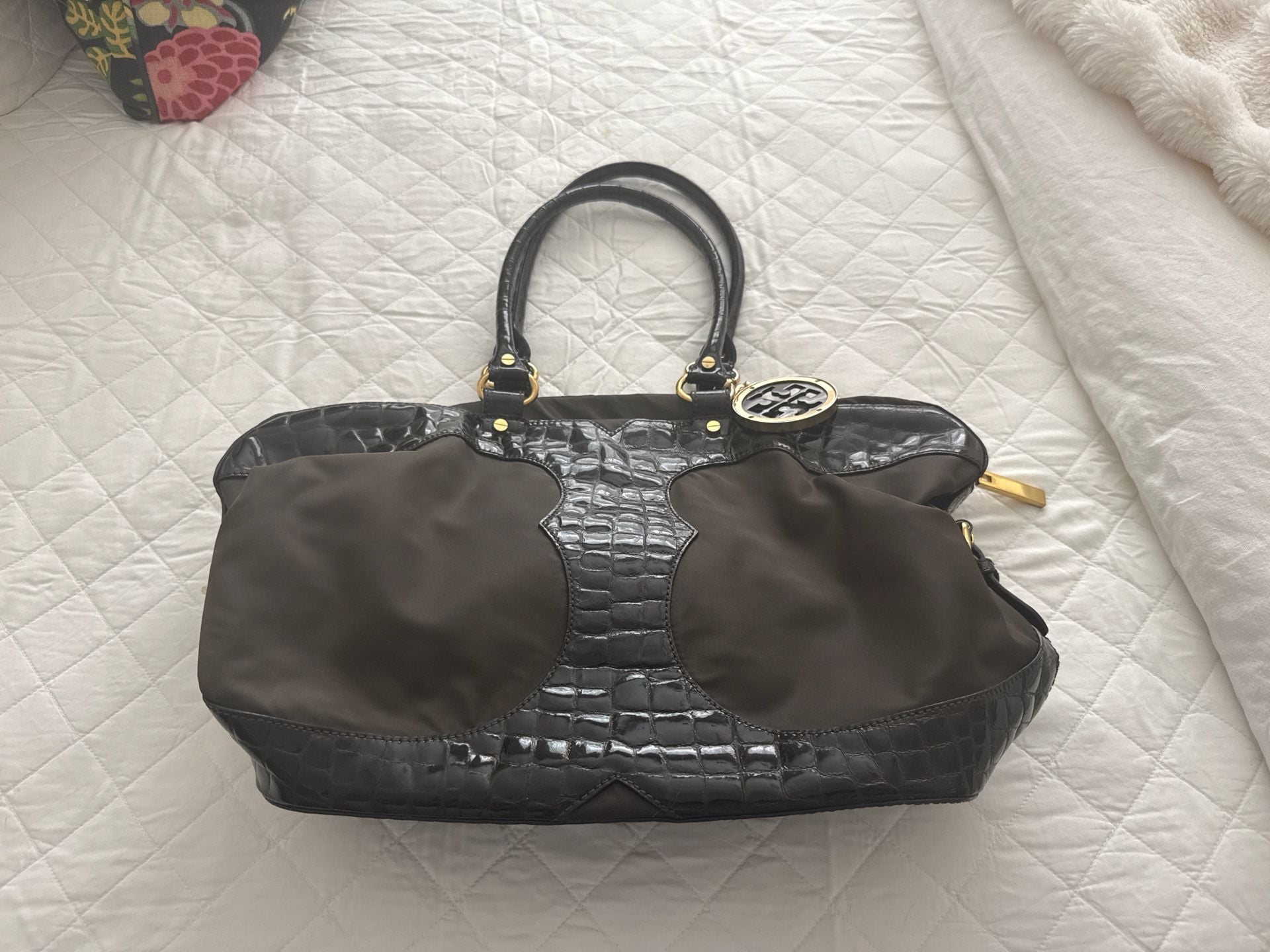 Tory Burch Large Ella Nylon and Croc-Embossed Leather Tote Bag Brown 2