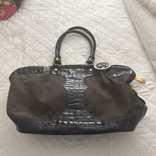 Tory Burch Large Ella Nylon and Croc-Embossed Leather Tote Bag Brown