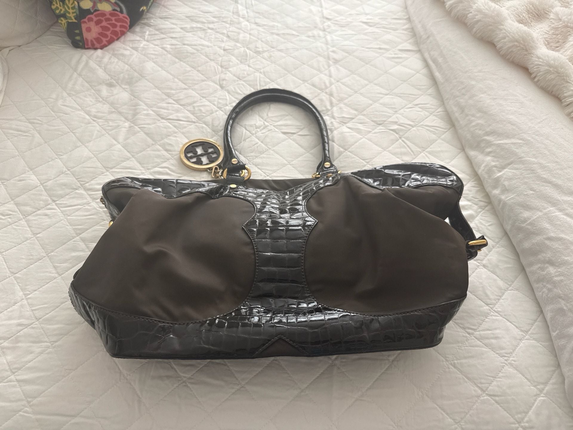 Tory Burch Large Ella Nylon and Croc-Embossed Leather Tote Bag Brown 4