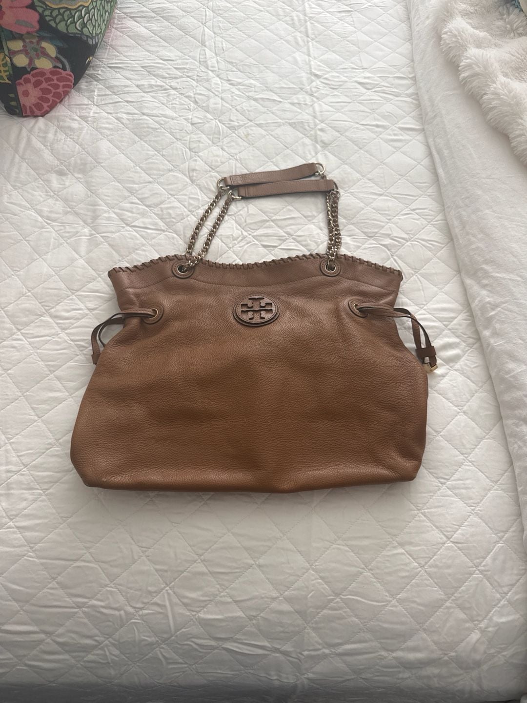 Tory Burch Marion Slouchy Tote Brown Pebbled Leather Chain Shoulder Bag 2