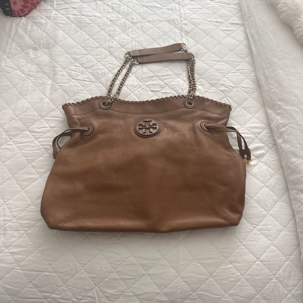 Tory Burch Marion Slouchy Tote Brown Pebbled Leather Chain Shoulder Bag
