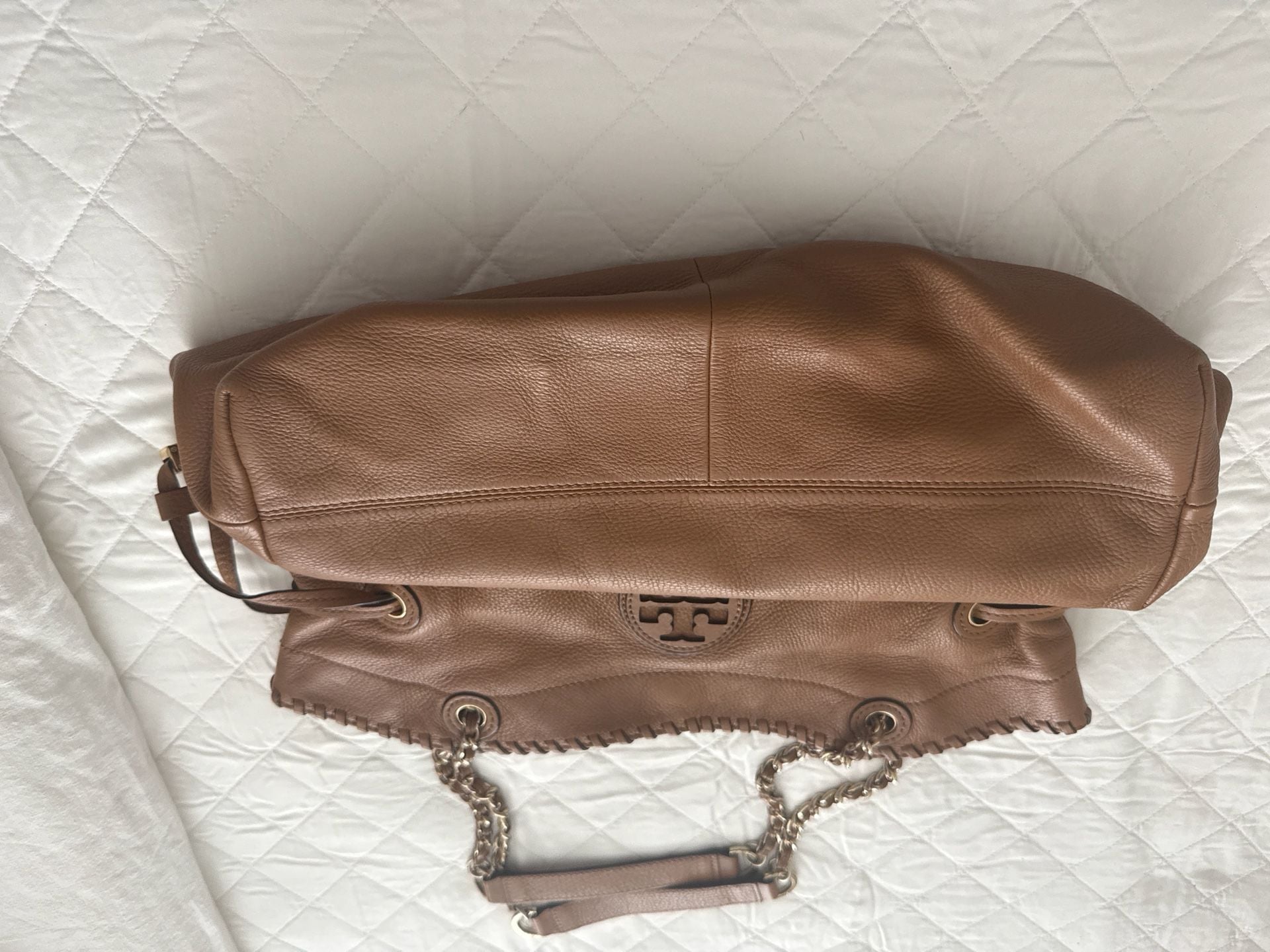 Tory Burch Marion Slouchy Tote Brown Pebbled Leather Chain Shoulder Bag 3