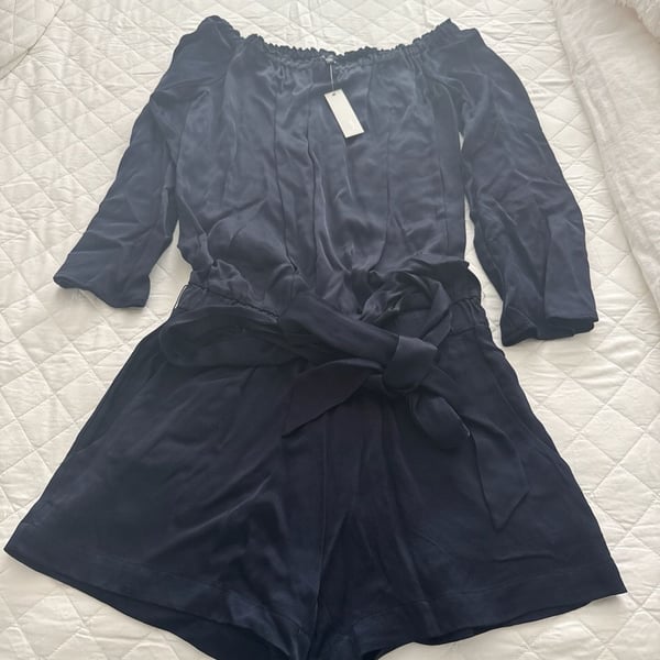 Drew Navy Off-The-Shoulder Tie-Waist Romper
