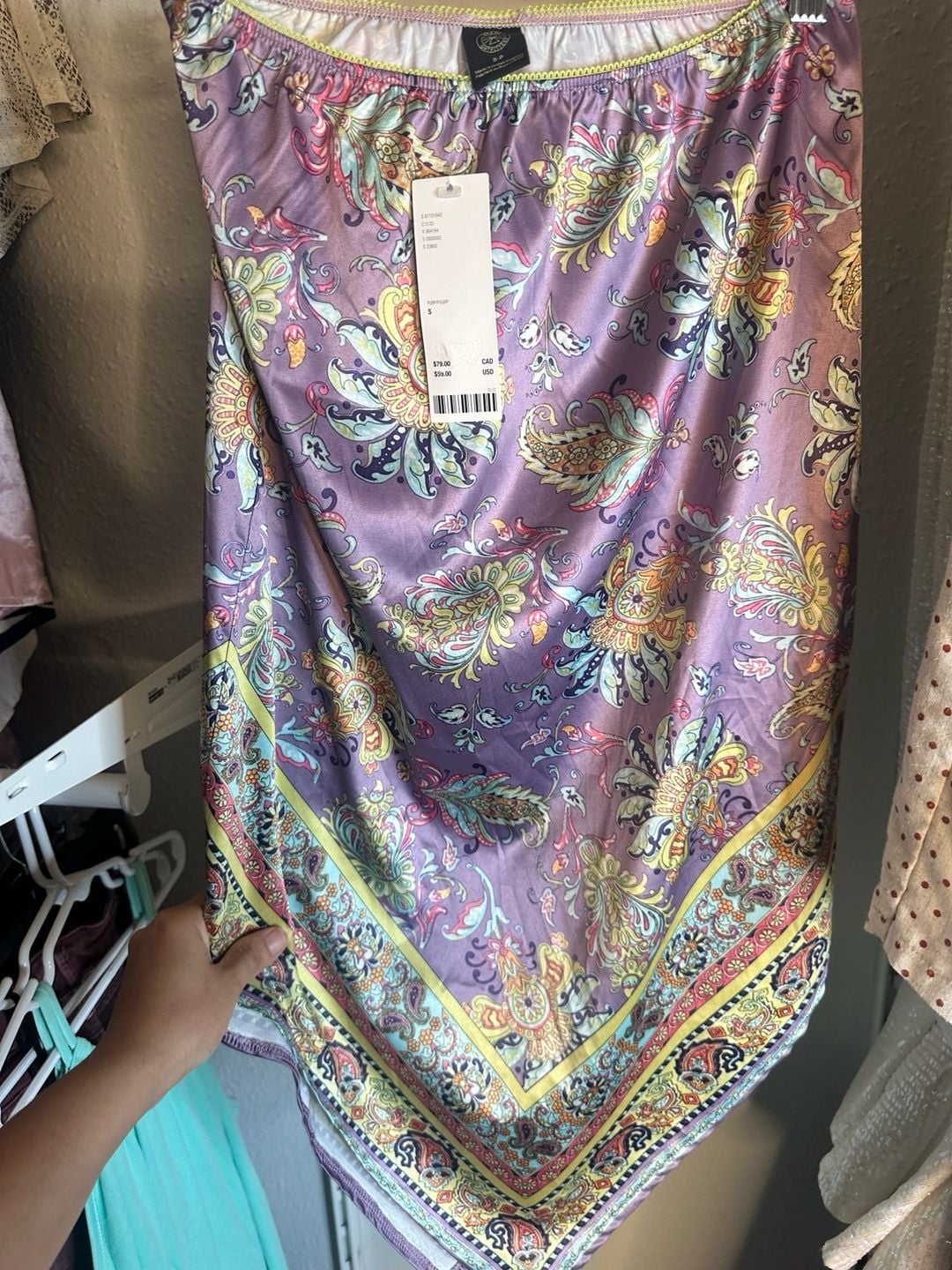 Urban Outfitters Lavender Satin Paisley Handkerchief Hem Skirt with Li – , 1