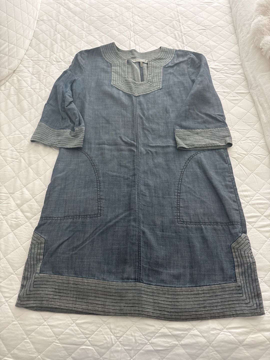 Trina Turk Chambray Shift Dress with Contrast Stitched Trim Size S 2