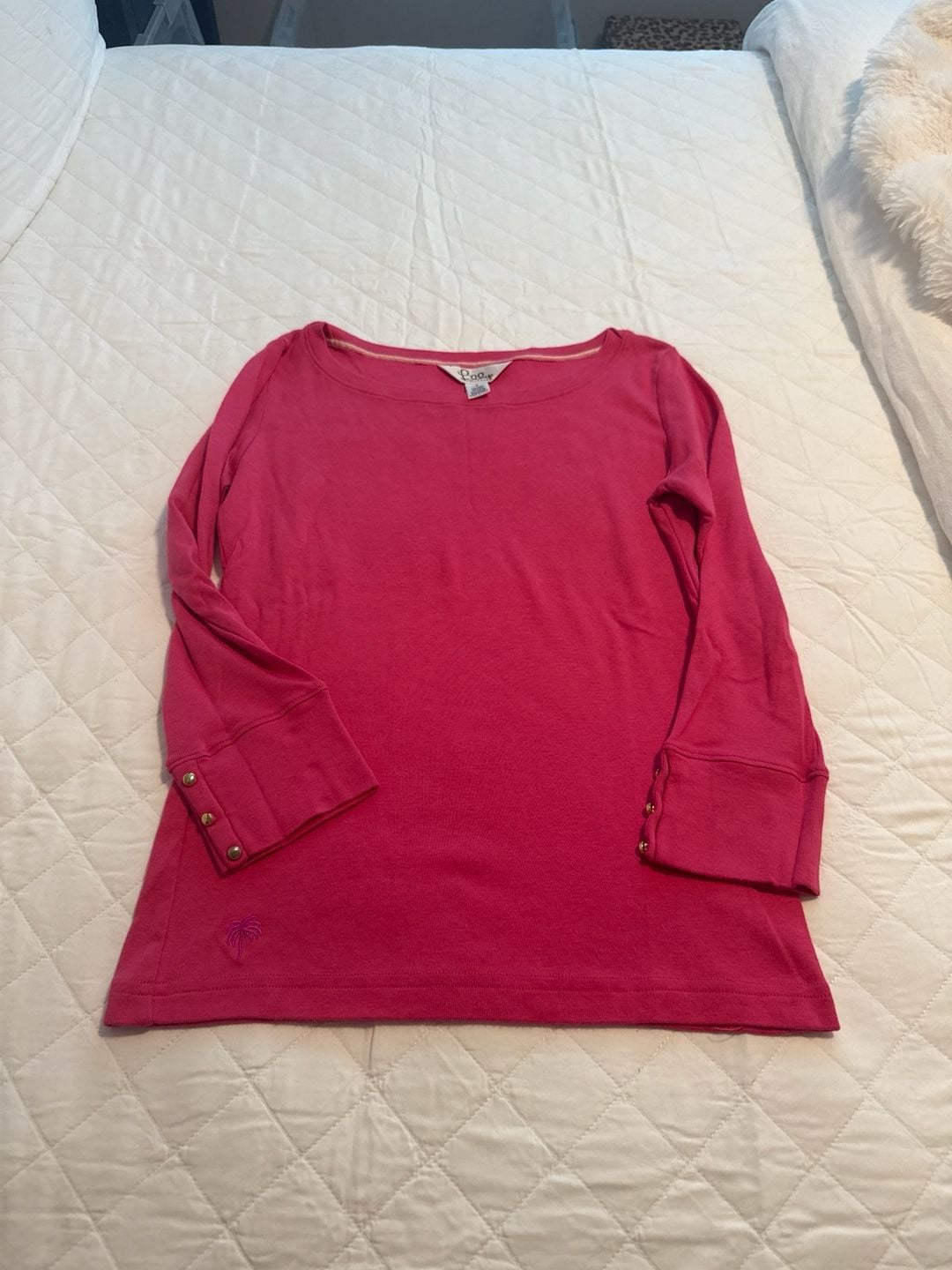 Lilly Pulitzer Pink Etta Boatneck Long Sleeve Top with Gold Button Cuffs 1